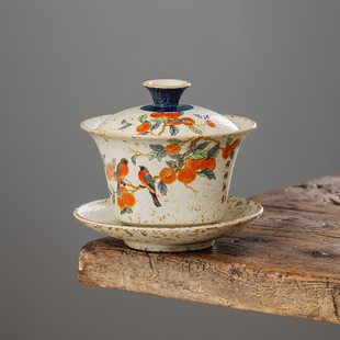 青花火石陶瓷马蹄盖碗2025新款带盖茶碗单个轻奢高档功夫茶具茶杯