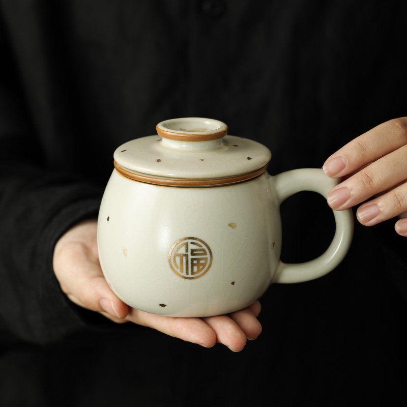 汝窑茶杯个人专用办公杯陶瓷茶水分离过滤泡茶水杯办公室汝瓷水杯