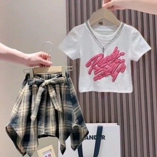 女童夏季套装2025新款洋气时髦短袖T恤中大童半身裙两件套裙裤