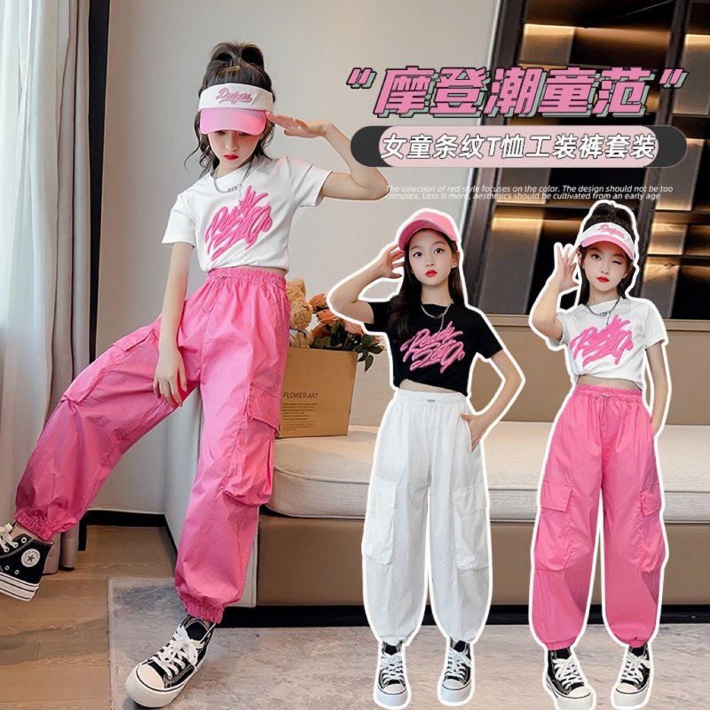 女童休闲套装夏季中小儿童洋气短袖网红女孩嘻哈工装裤中大童潮服