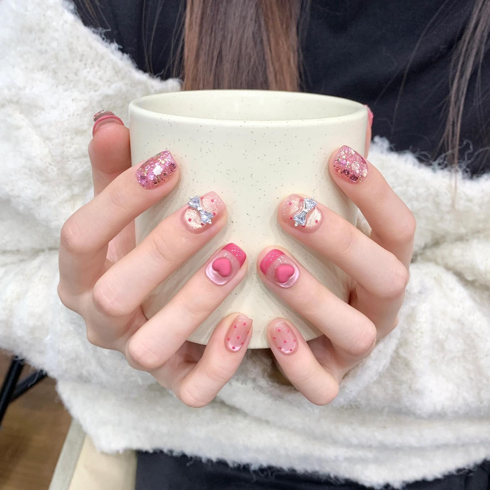 手工穿戴夏日短款纯手工爱心爆闪猫眼新款可拆卸贴片12美甲指甲