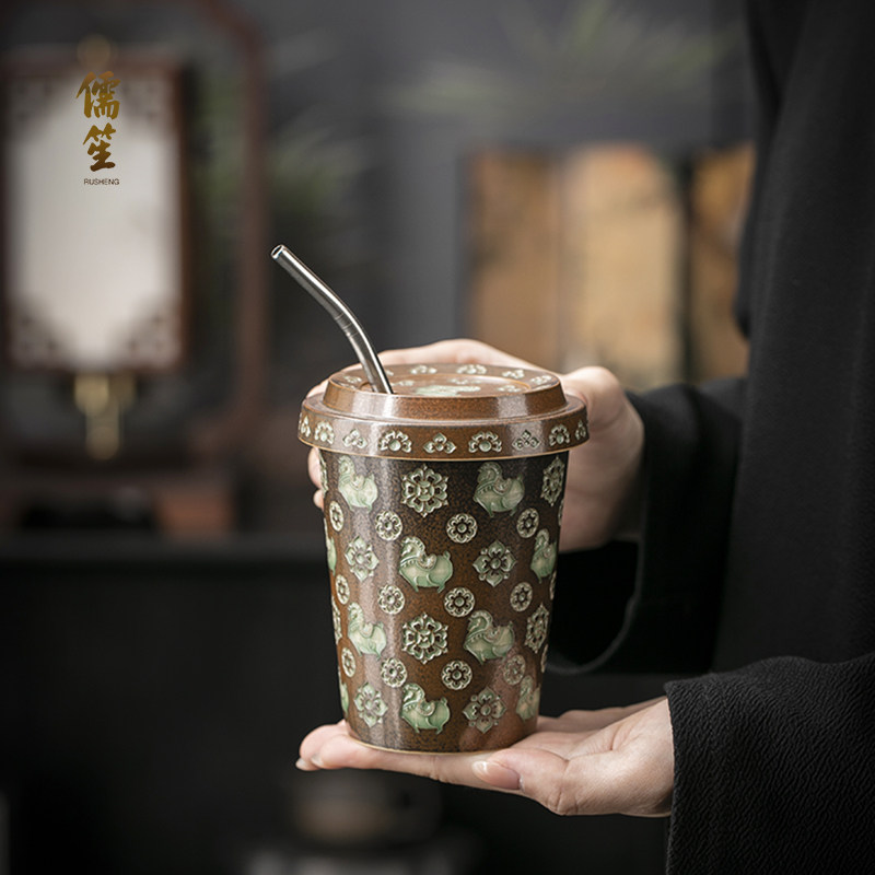 中式陶瓷带盖水杯咖啡杯马克杯图片
