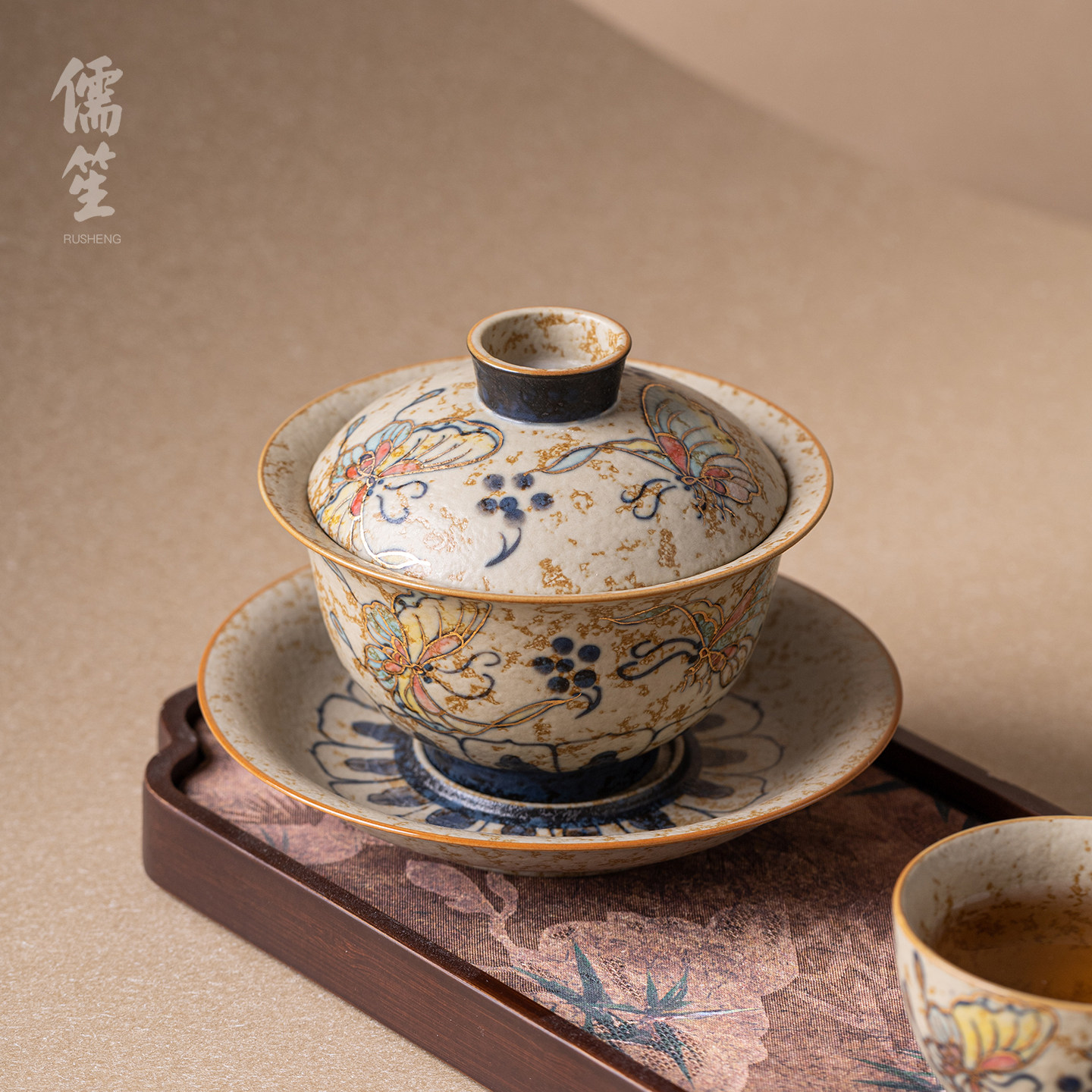 儒笙火石红手绘三才盖碗家用陶瓷泡茶碗大容量泡茶盏三才碗不烫手