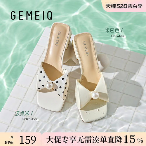 戈美其波点蝴蝶结粗跟凉鞋