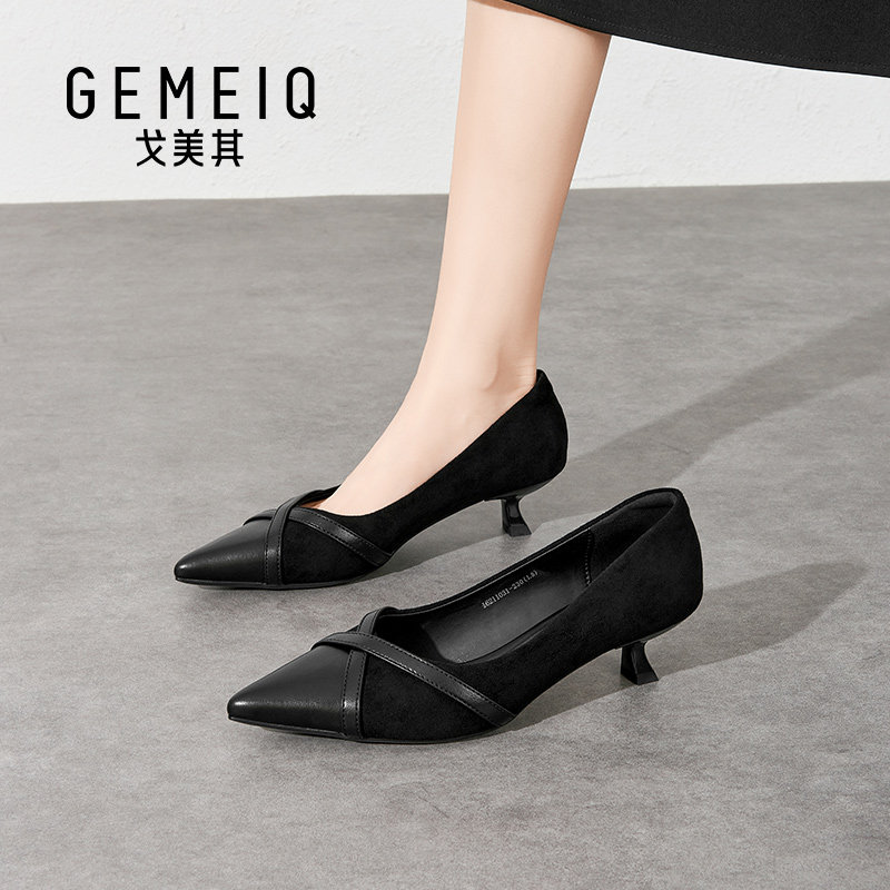 戈美其法式风黑色尖头浅口单鞋女细跟交叉带一脚蹬不累脚高跟鞋子