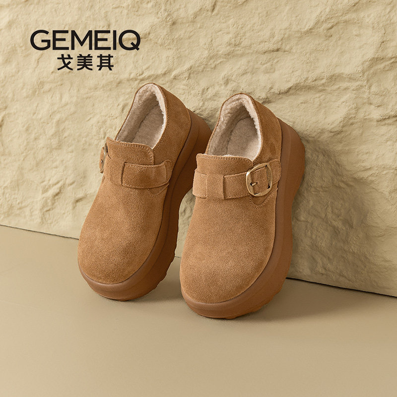 戈美其新款真皮厚底勃肯鞋女复古松糕加绒棉鞋增高小个子毛毛鞋女
