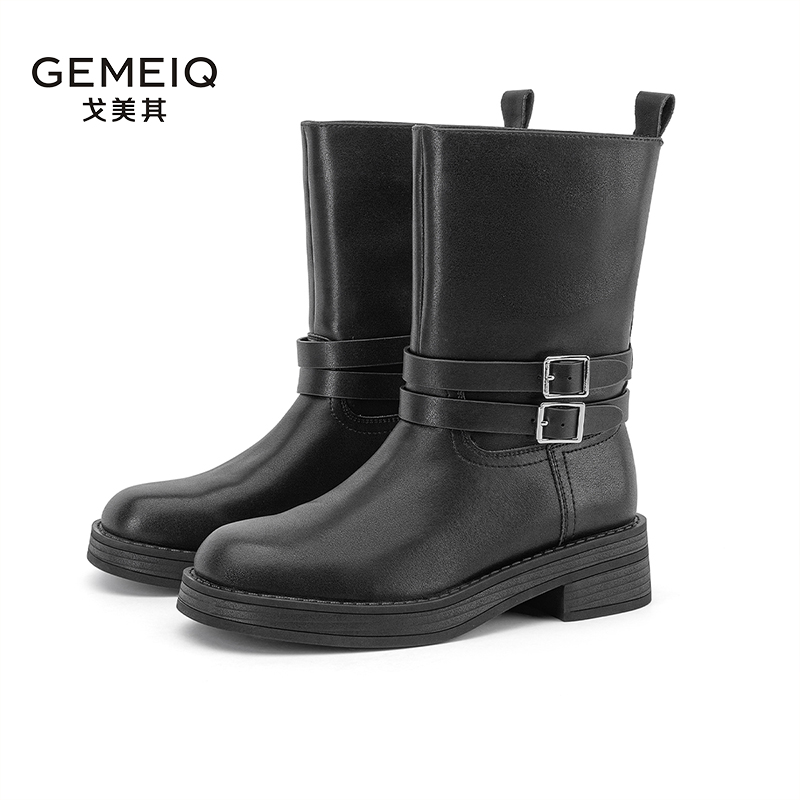 戈美其英伦风粗跟真皮时装靴