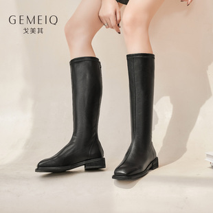 戈美其2025方头复古英伦风街头不过膝骑士靴女冬季 长靴高筒靴子 款