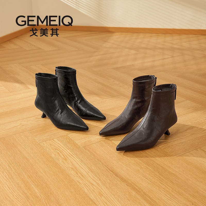 戈美其新款尖头短靴女细跟高跟鞋