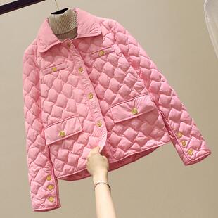 韩国粉色新款小香风菱格轻薄棉服外套女秋冬短款保暖羽绒棉衣棉袄