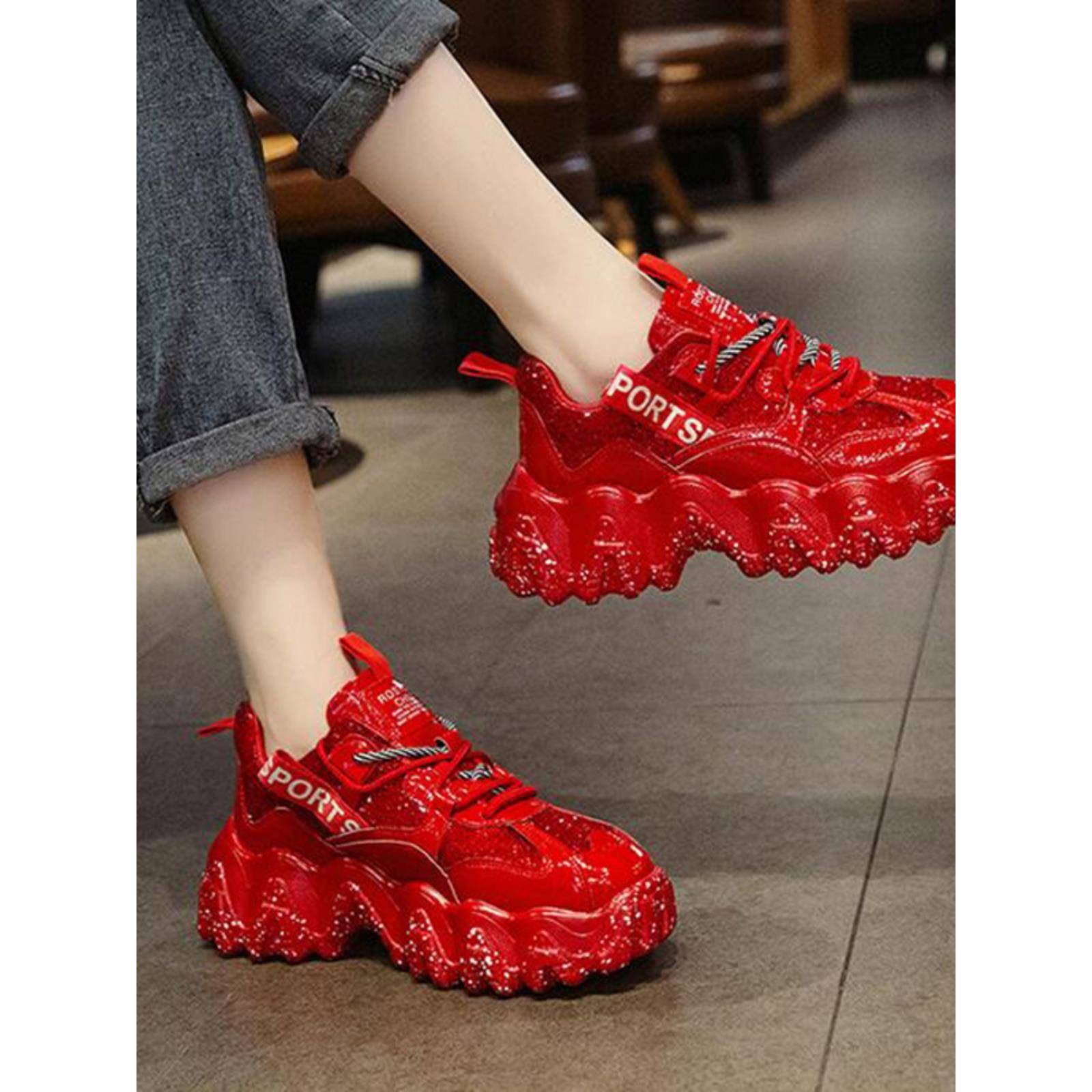 女鞋爸爸鞋女鞋trbottom 2025新款K-Style透气学生休闲红色厚底运