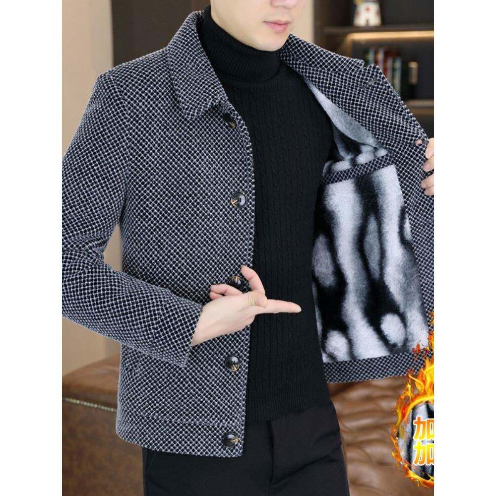 潮牌1313冬季保暖夹克男韩版修身高级感加绒加厚格子短款风衣外套