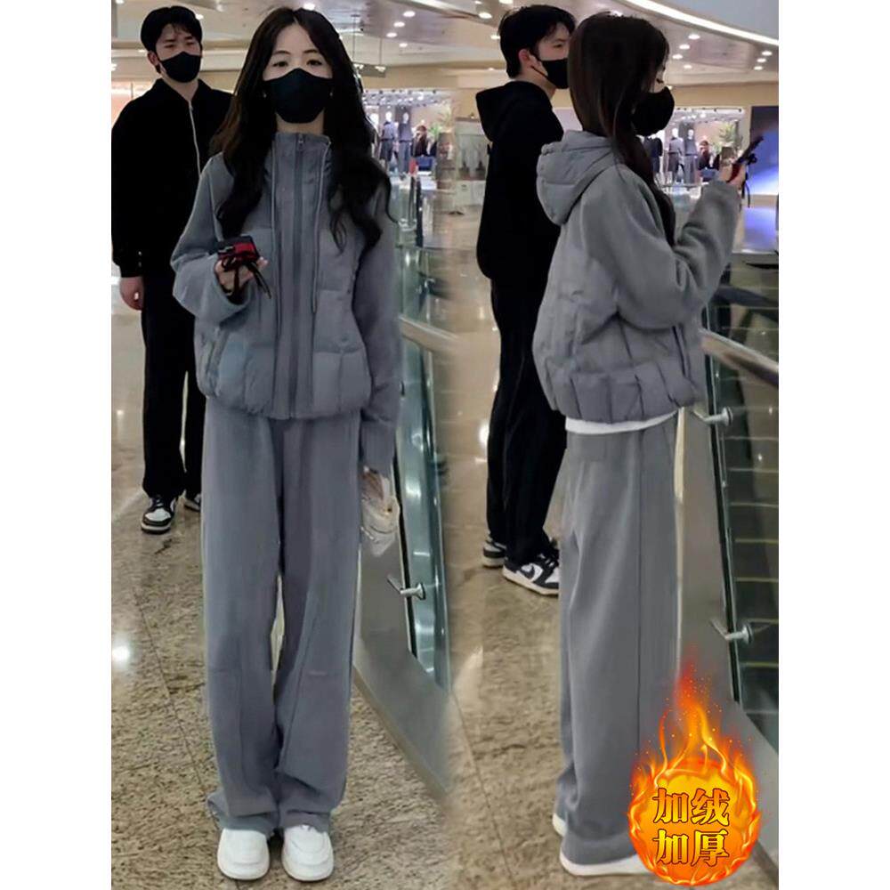 欧洲站时尚休闲运动套装女秋冬新款棉衣加厚外套加绒直筒裤两件套