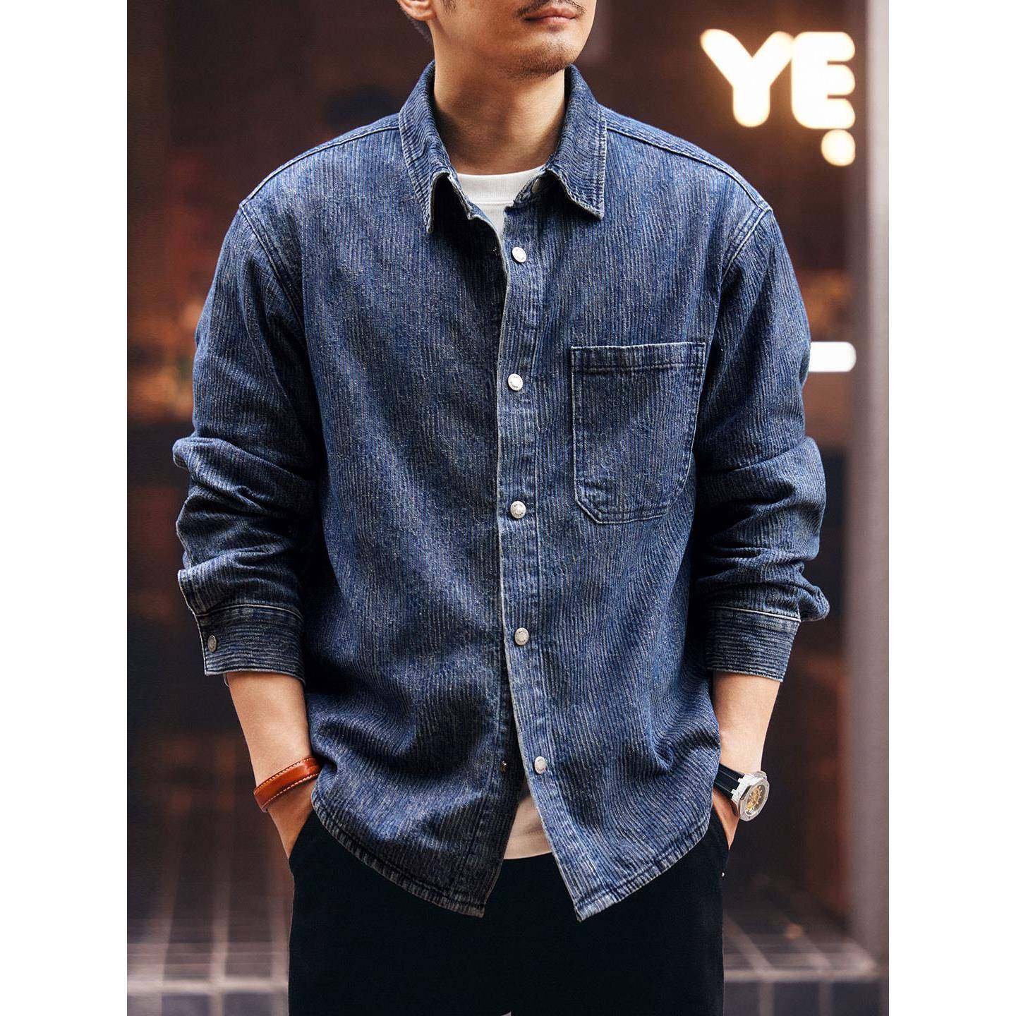 it neith BIAS潮牌美式覆古水洗牛仔衬衫男宽松肌理感衬衣外套秋,男装,大码上装,淘宝优惠券,粉丝福利购,淘宝优惠卷