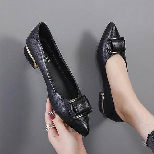 店主自留新款~真皮尖头单鞋女春秋季黑色浅口低跟粗跟职业工作鞋