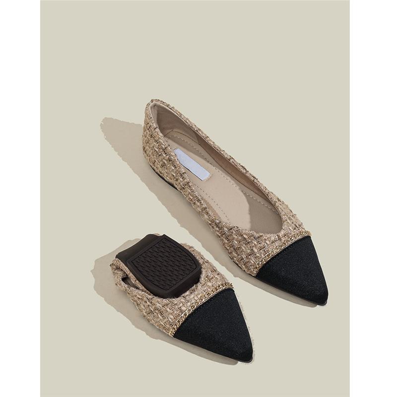 真皮拼色尖头单鞋女平底春秋链条小香风软底一脚蹬豆豆大码瓢鞋潮