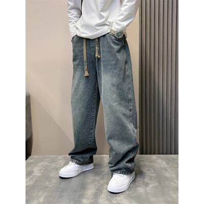 GM新潮 直筒垂感牛仔裤男士秋冬加绒高个子裤子痞帅阔腿高街长裤