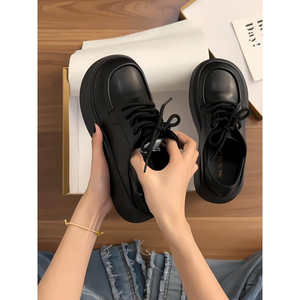 专柜黑色英伦风小皮鞋女2025年秋季圆头厚底系带乐福鞋单鞋配裙子,女鞋,深口单鞋,淘宝优惠券,粉丝福利购,淘宝优惠卷