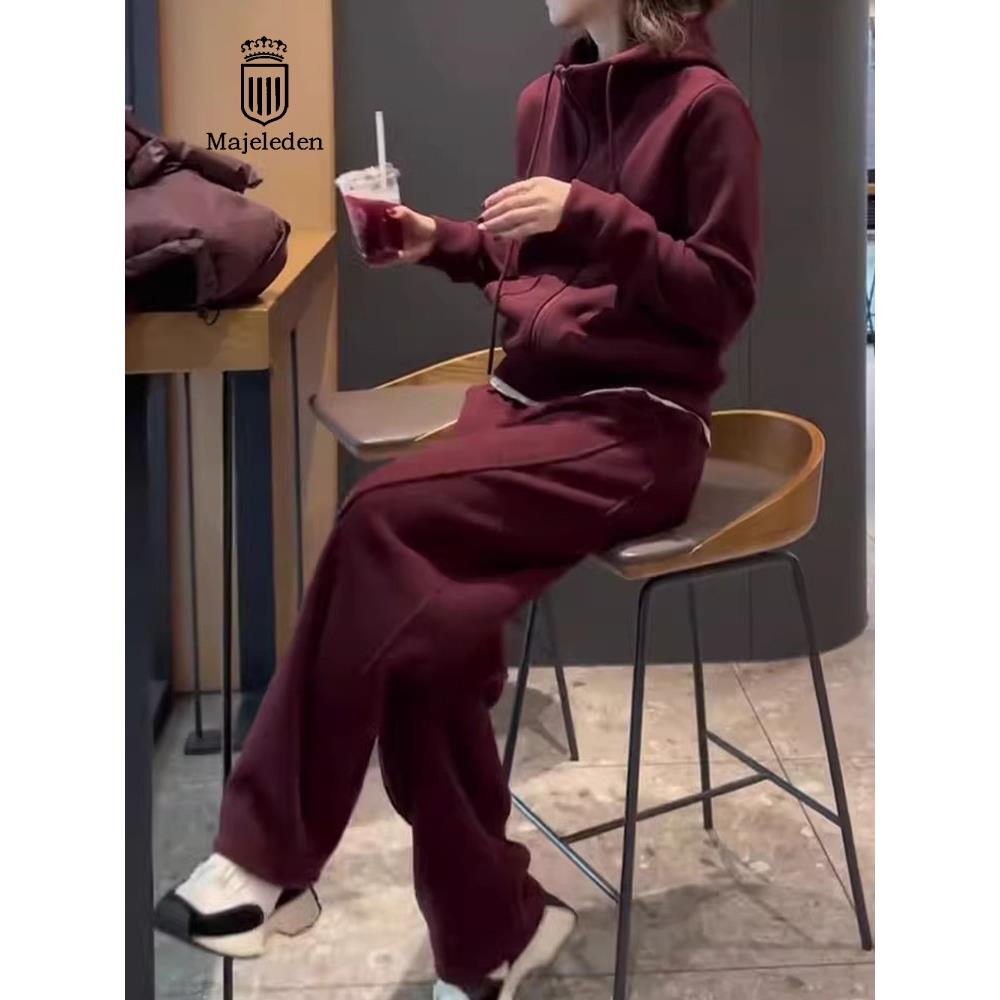 正品2025秋冬新款安可拉红加绒加厚卫衣套装女休闲时尚运动服两件