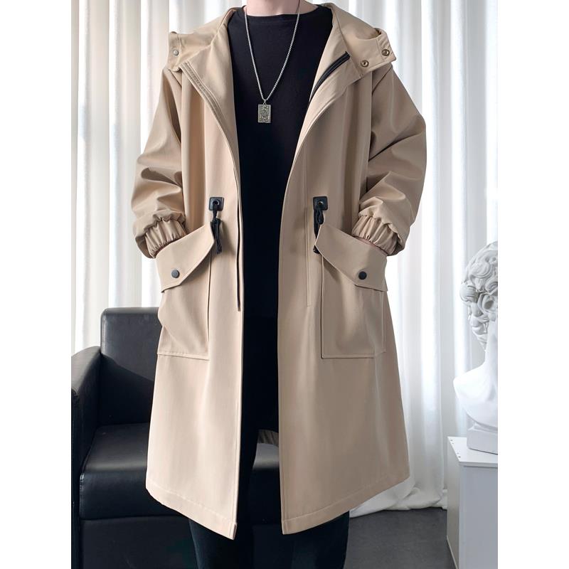 高端中长款连帽风衣男秋冬新款韩版宽松潮流加厚商务大衣休闲外套