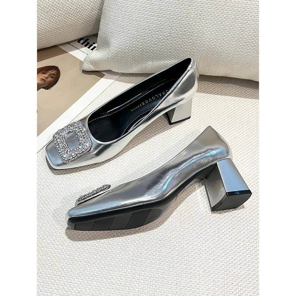 Craes Kally推荐质地！法国方趾莱茵石高跟鞋女性新浅口专业鞋