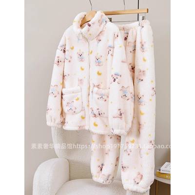 韩版卡通小狗休闲运动珊瑚绒睡衣女冬季加绒加厚保暖可外穿家居服