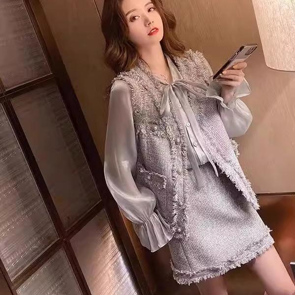 欧洲站2025春季新款小香风气质高级感套装长袖衬衫马甲裙子三件套