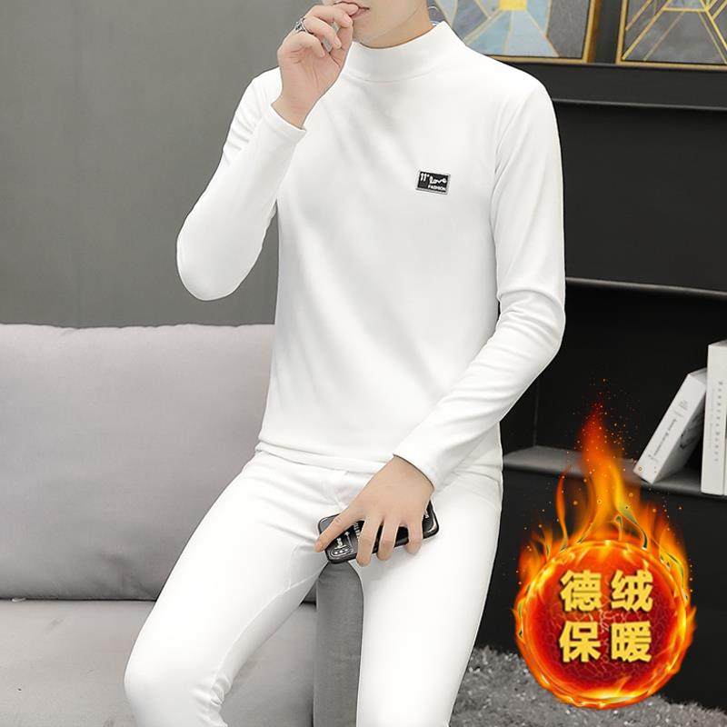 MAROLIO~德绒保暖内衣套装男加绒加厚半高领防寒中领白色秋衣秋裤