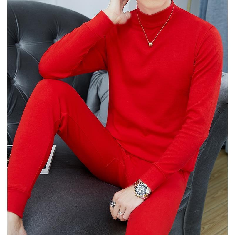 MAROLIO秋冬羊毛衬里，加厚保暖，鲜红色棉质中领内衣套装