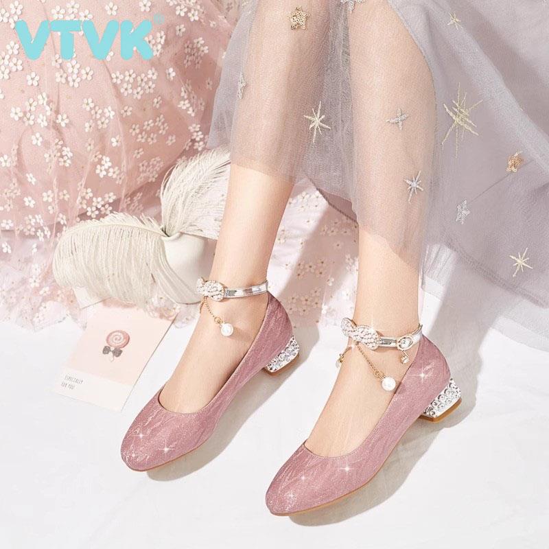 VTVK公主鞋女童春秋高跟鞋2025新款儿童软底浅口单鞋真皮水晶鞋子