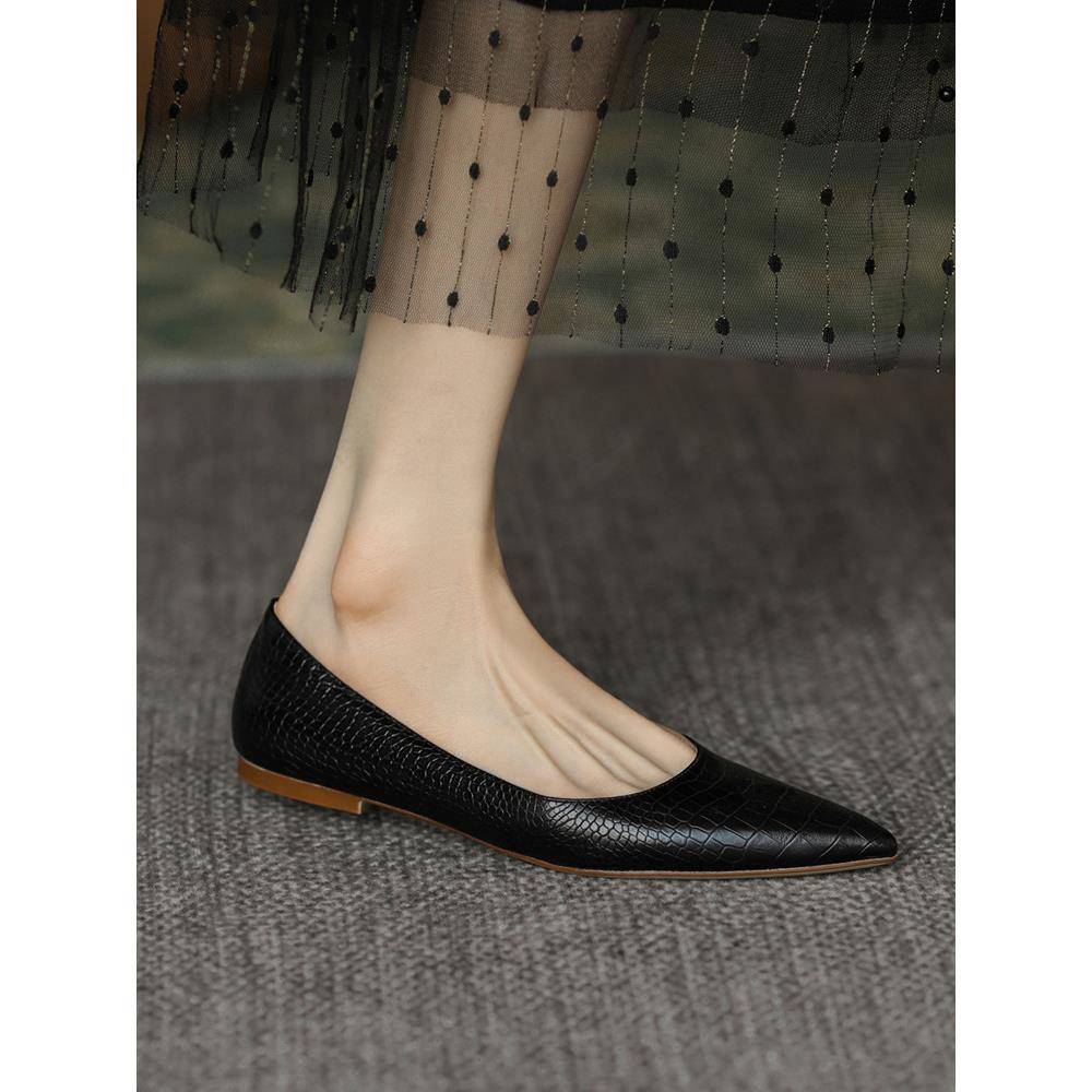 2025春季新款欧美尖头平底鞋女式平跟羊皮浅口蛇皮花纹黑色专业容