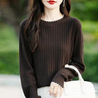 高档轻奢纯棉线花边圆领针织毛衣女士秋冬新款亲肤糯肌理感打底衫