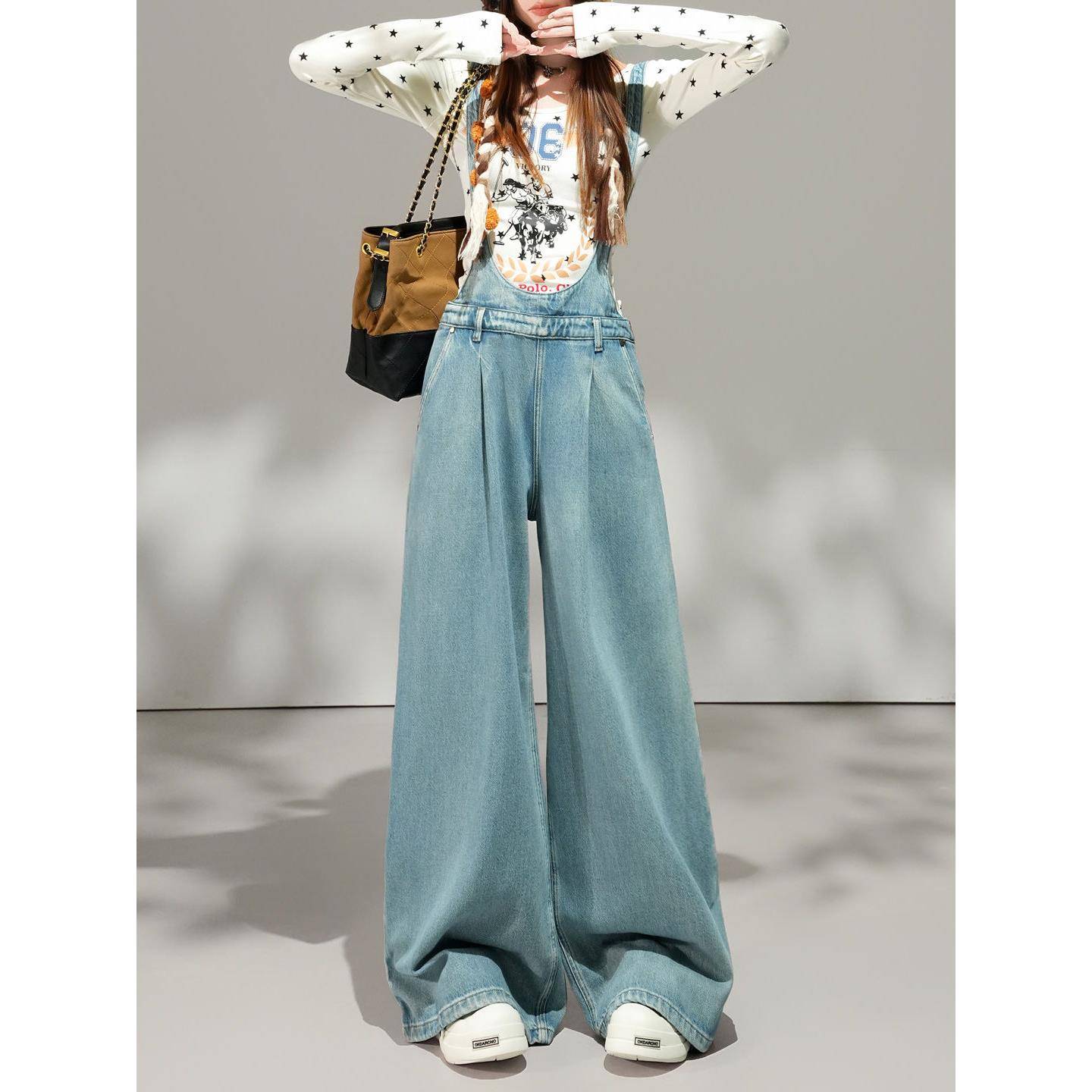 减龄牛仔背带裤女2026春季新款休闲韩版显瘦宽松阔腿拖地直筒裤子