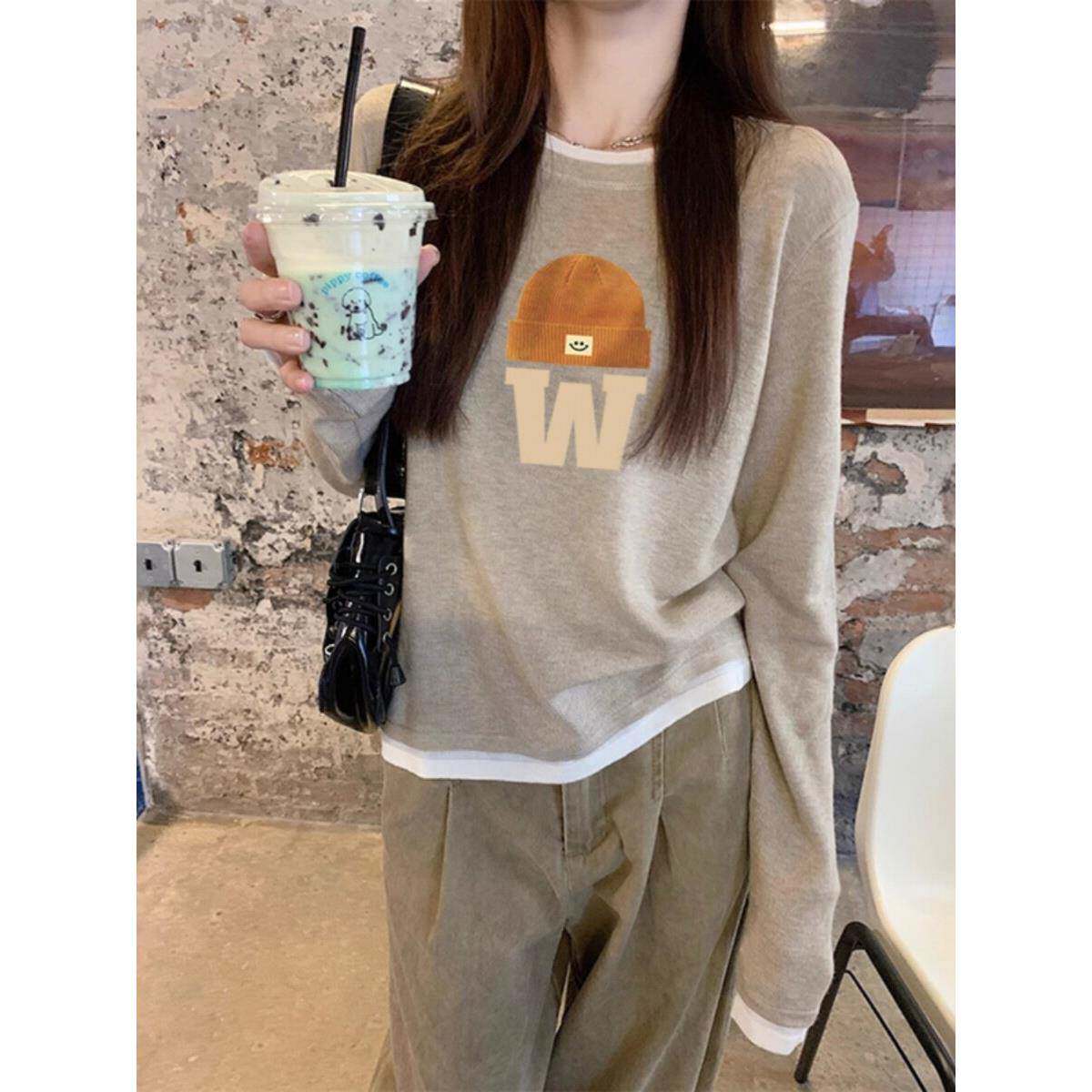 韩国春秋松弛感2025新款圆领打底衫女慵懒假两件长袖纯棉T恤上衣