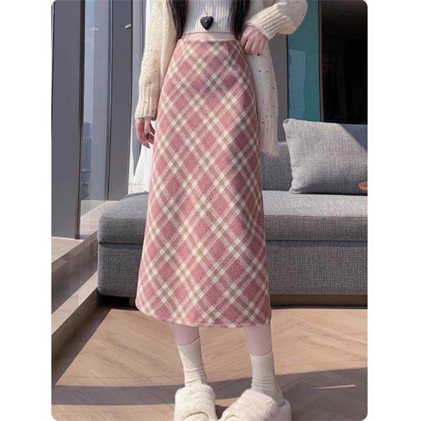 专柜甜美粉色格子毛呢半身裙女秋冬款韩系中长款后开叉a字直筒裙