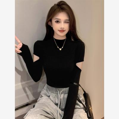 韩国螺纹黑色半高领打底衫女秋冬设计感长袖t恤针织紧身短款上衣