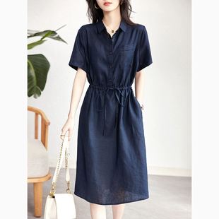 裙 纯亚麻连衣裙女夏季 薄款 简约风通勤宽松收腰显瘦短袖 polo领衬衫