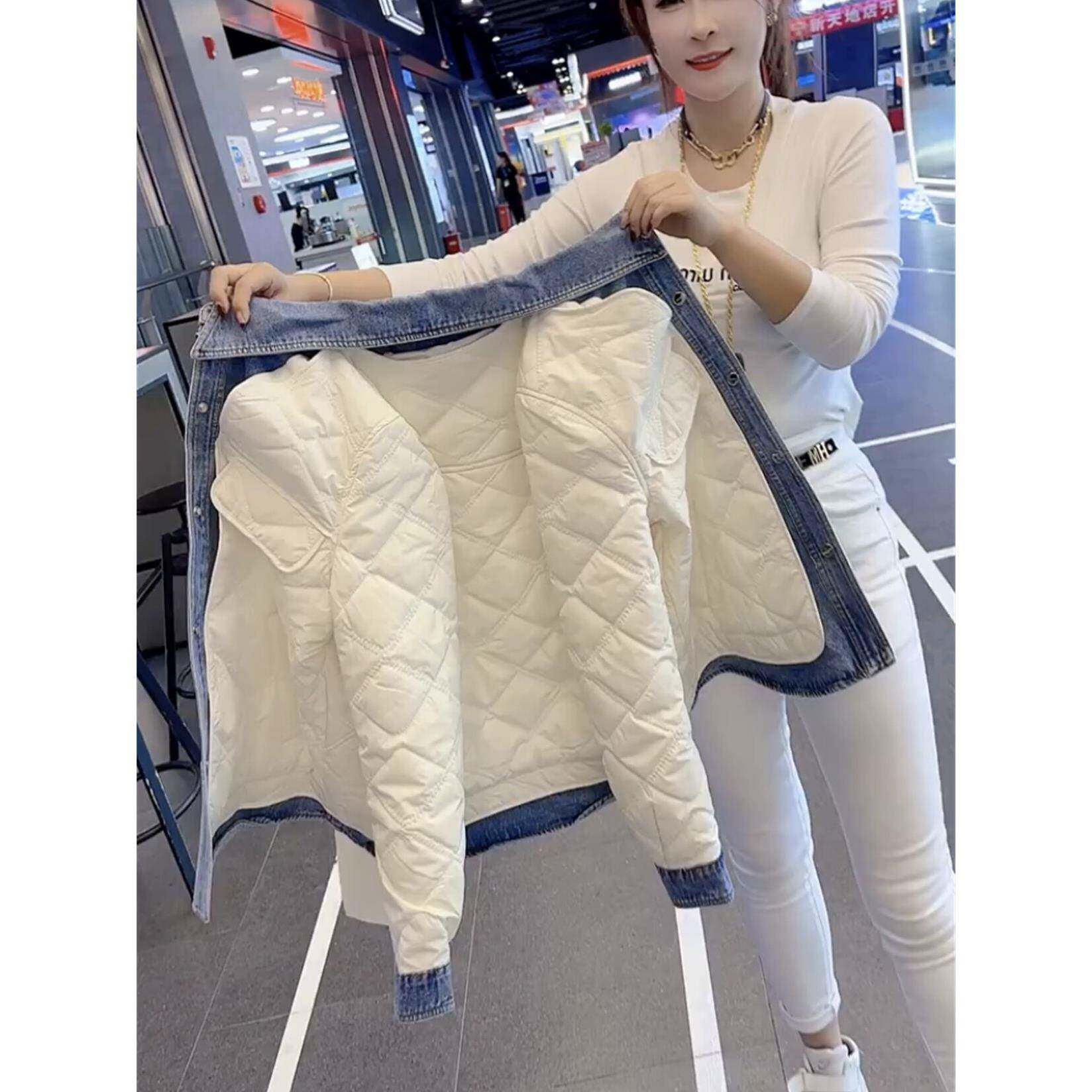 欧洲站冬季新款时尚棉服韩版宽松牛仔拼接设计感假两件加厚外套潮