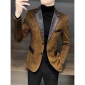外套 韩版 新款 潮流百搭拼接皮领休闲小西装 高级感灯芯绒西服男冬季