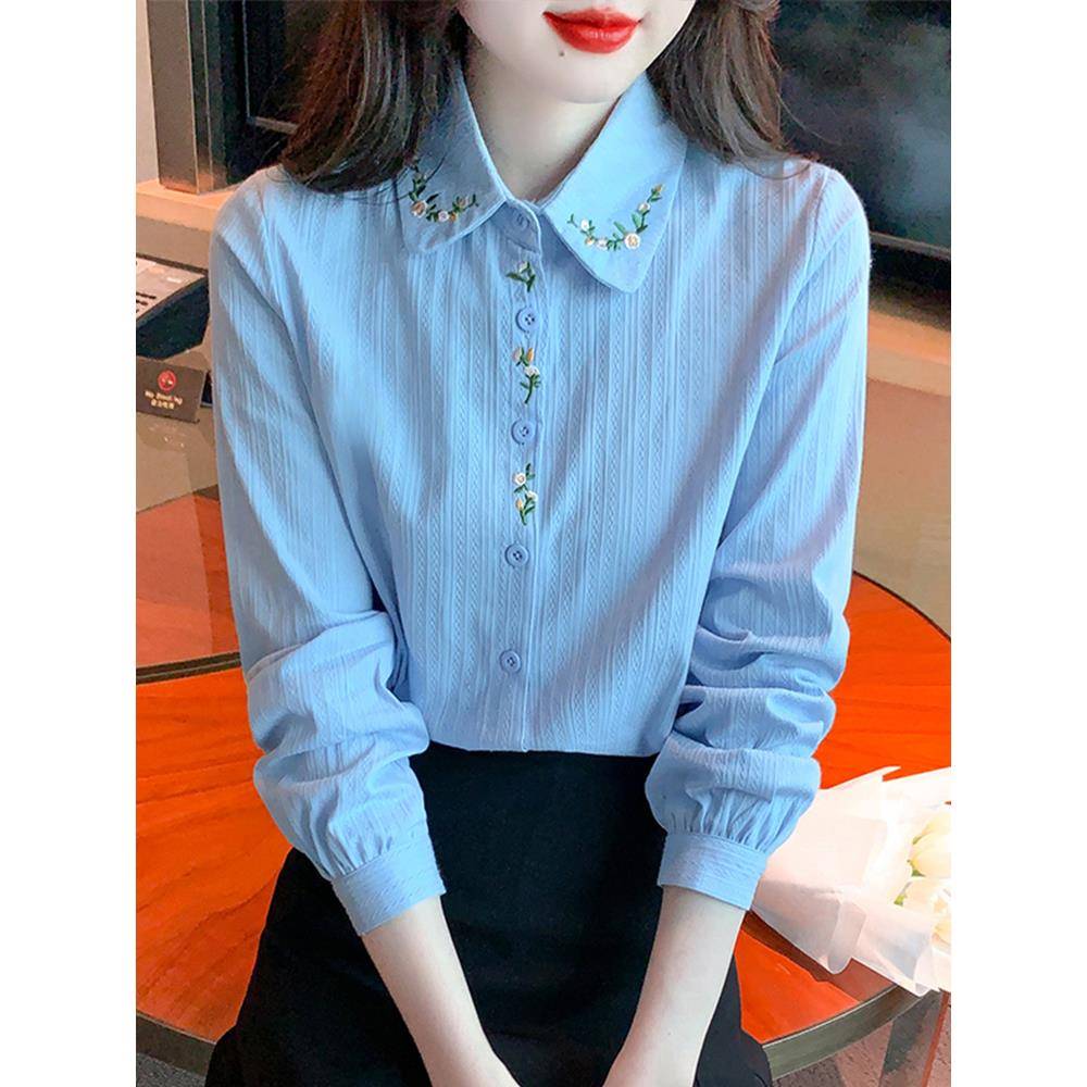 香港TIMO刺绣全棉女士衬衣春季2024新款单排多扣上衣气质长袖衬衫