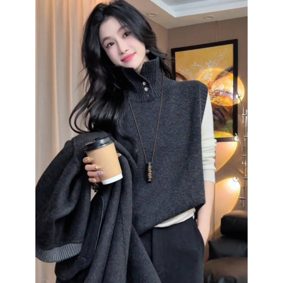 ROUJE ESVIP法式叠穿高领毛衣马甲女秋冬季慵懒风高级感针织背心