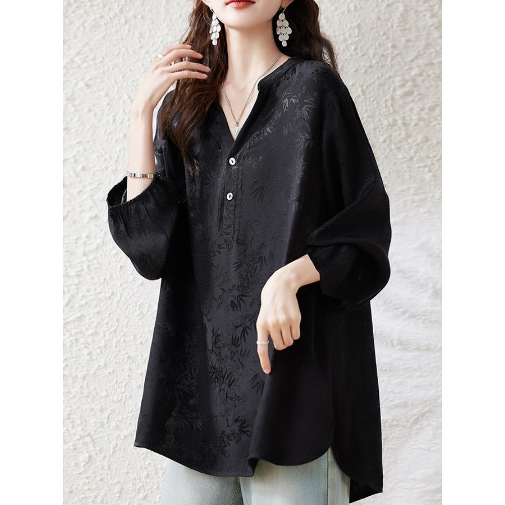 新中式V领提花长袖黑色衬衫女2025春秋新款大码宽松遮肉显瘦上衣
