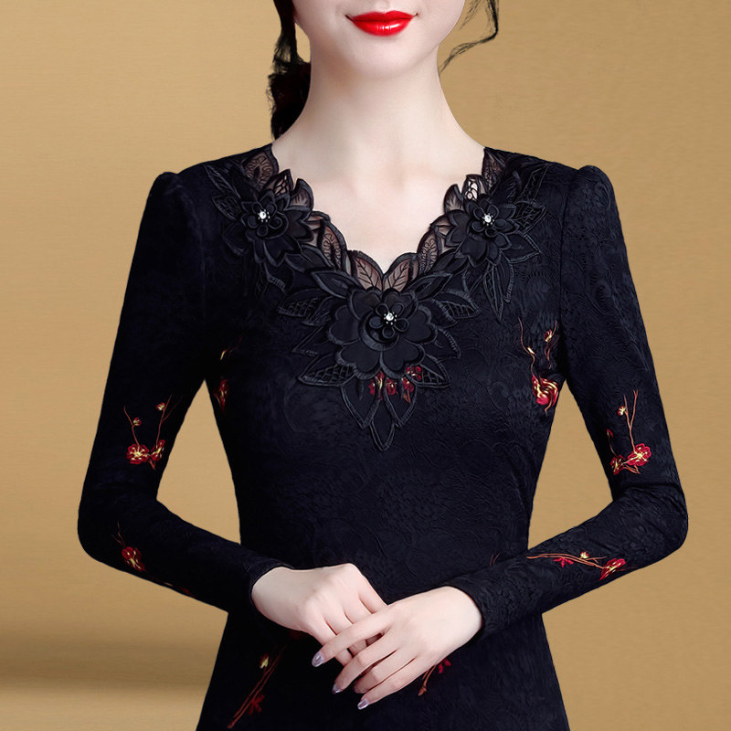 时尚洋气女装2021年秋季新款蕾丝衫女长袖打底衫加绒百搭保暖上衣