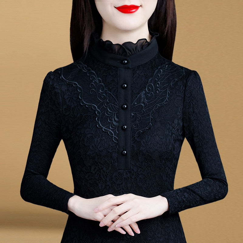 半高领蕾丝打底衫女2021年秋冬新款加绒加厚保暖上衣黑色洋气小衫