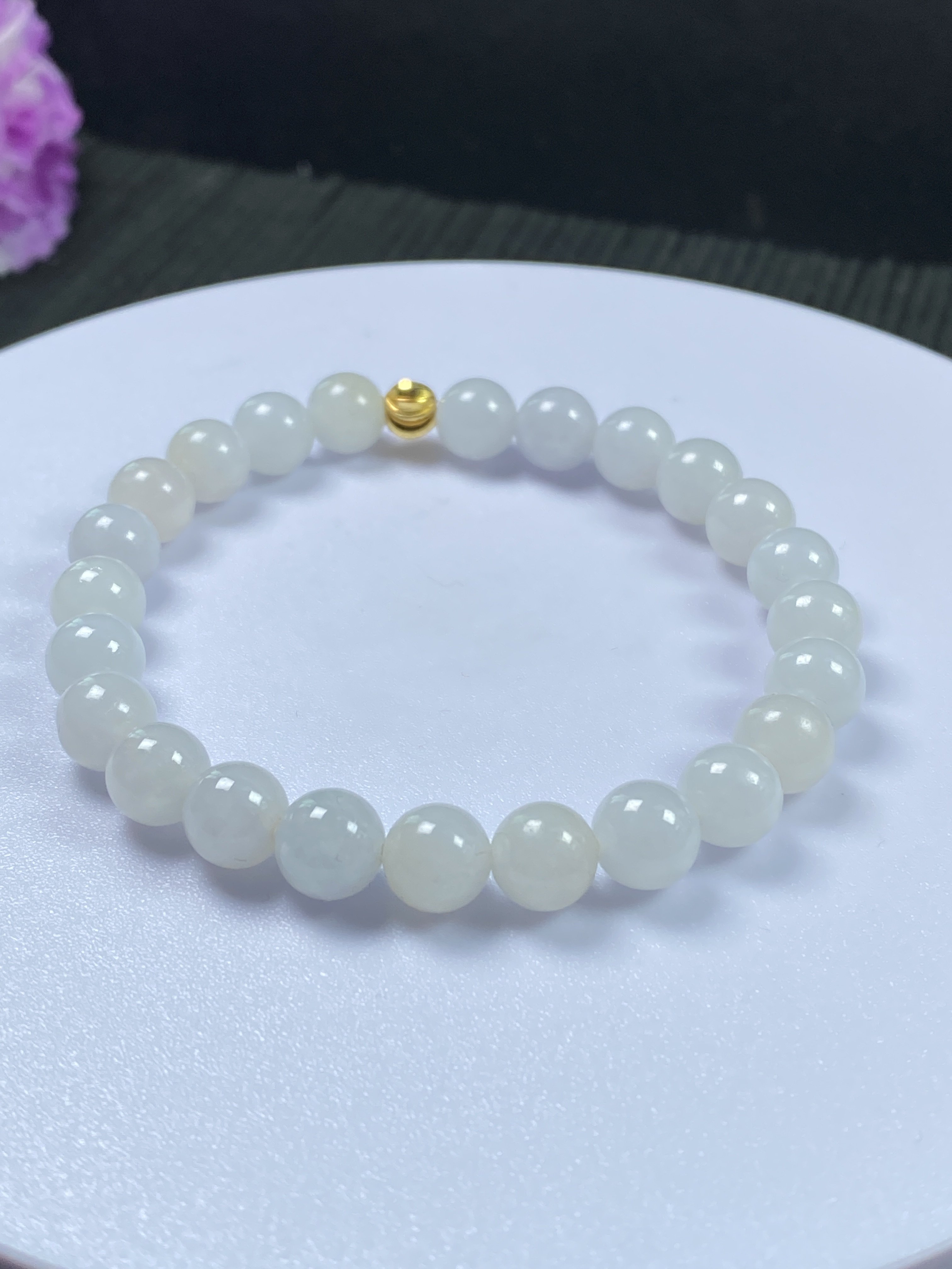 卡8mm 天然A货翡翠白冰手串 珠串 证书编号2853