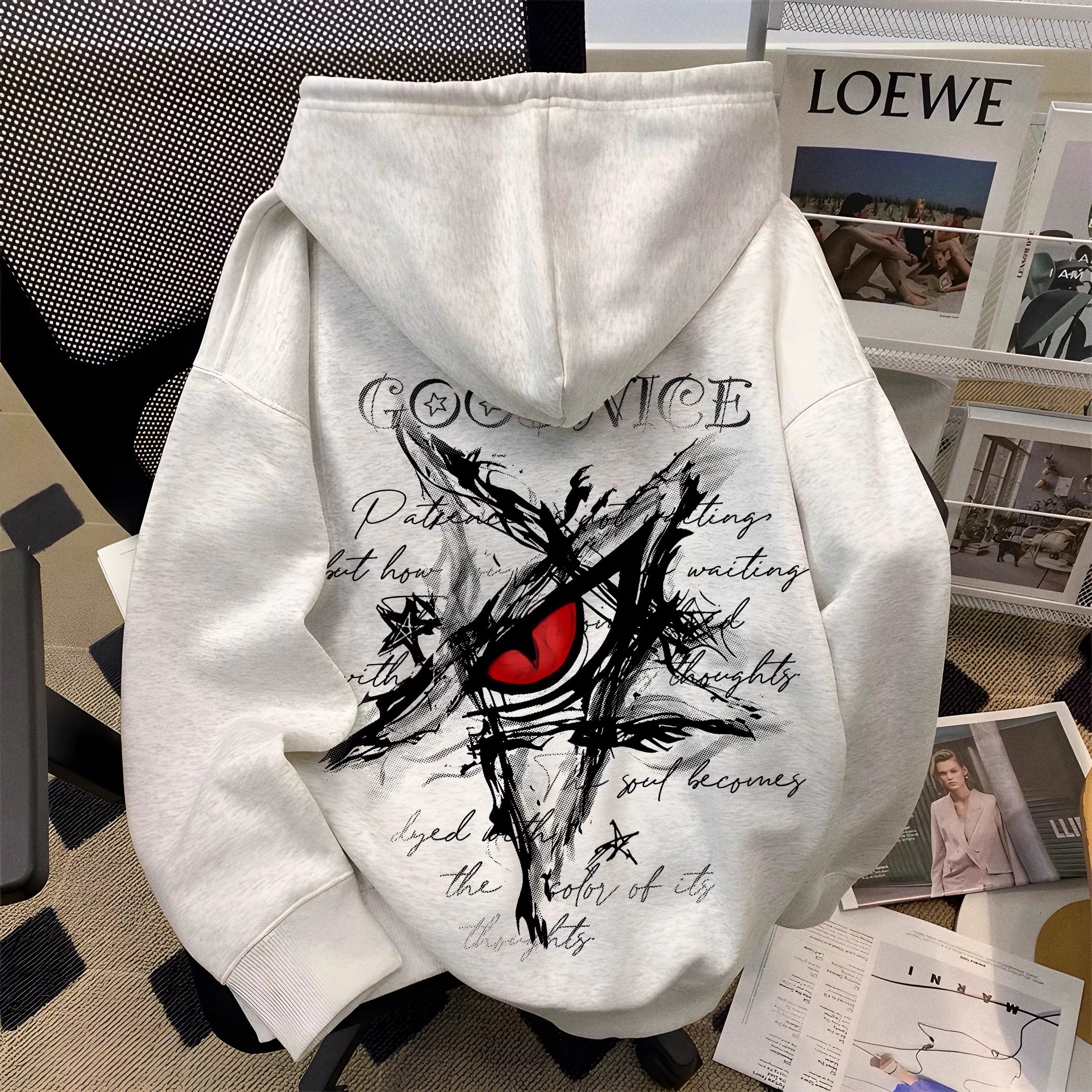 美式高街潮牌星星恶魔之眼印花连帽卫衣男女秋冬街头宽松百搭外套