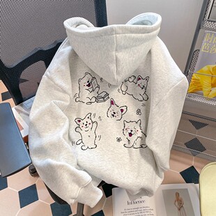 2026白灰色卡通线条小狗卫衣男女洋气减龄初中生宽松早秋连帽上衣