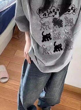 品牌外贸~美式卡通小猫印花短袖纯棉T恤女灰色oversize宽松上衣