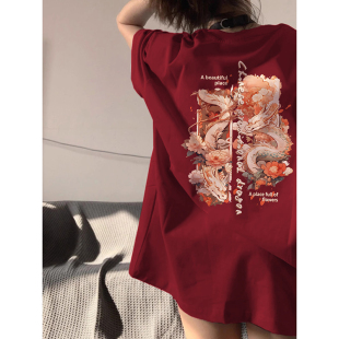 oversize纯棉韩版 t恤男女同款 百搭情侣上衣 红色短袖 品牌捡漏清仓