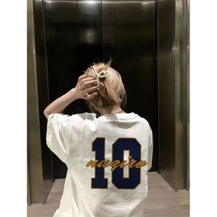撤回捡漏美式风白色数字印花T恤女oversize宽松短袖纯棉百搭上衣